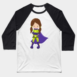 Superhero Girl, Cute Girl, Brown Hair, Purple Cape Baseball T-Shirt